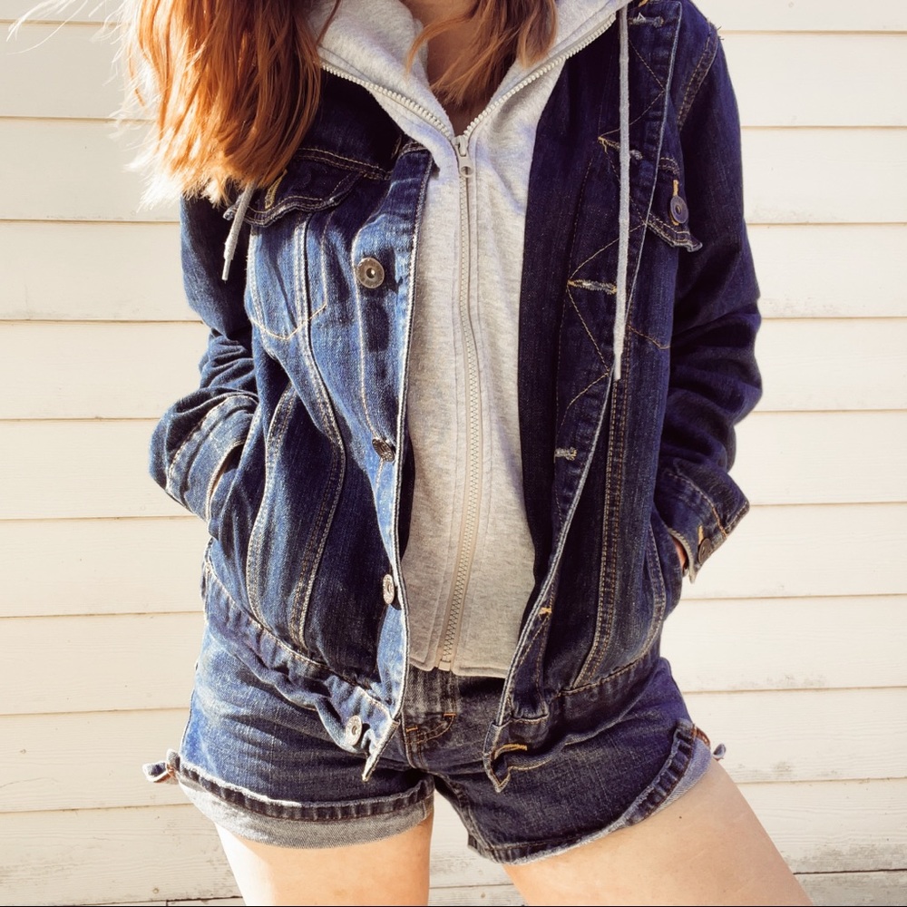 Super cute mock-neck hooded jean jacket